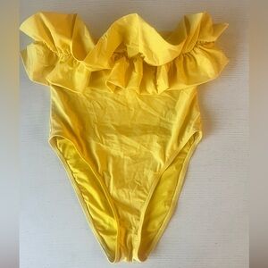 Yellow Ruffle Edge, fully lined, strapless One-Piece Swim or Bodysuit, medium